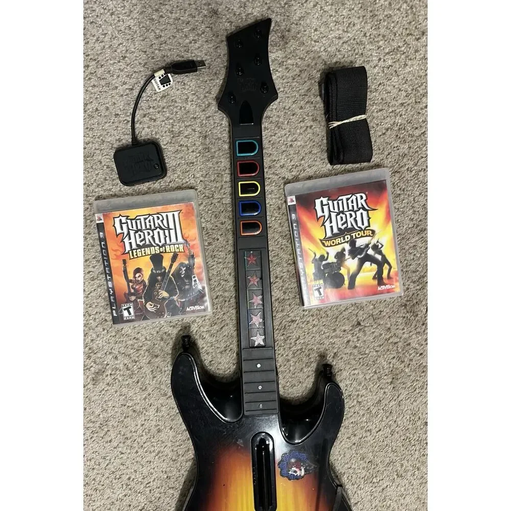 Guitar Hero PlayStation 2 PS3 Sunburst Wireless Controller Dongle 2 Games Tested